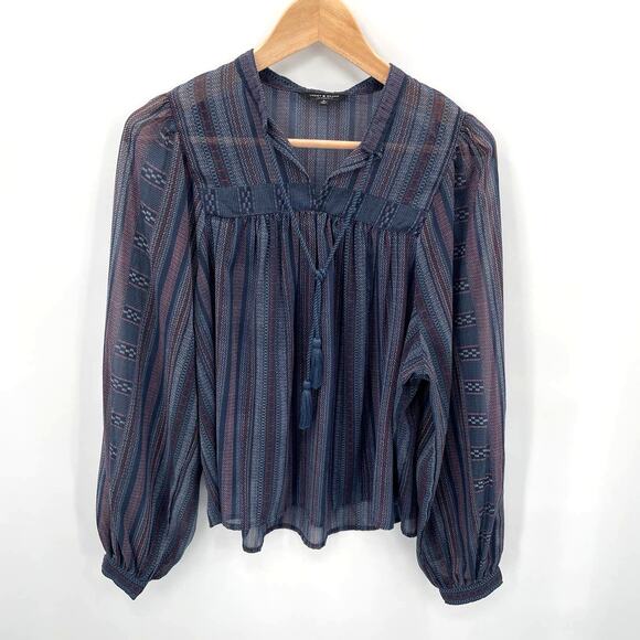 Lucky Brand Navy Print Long Sleeve Lightweight Peasant Blouse // S - Picture 1 of 6